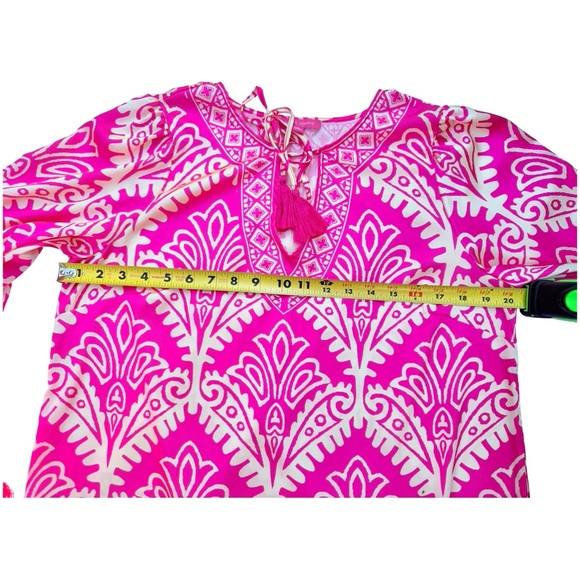 Flying Tomato Pink and Cream Patterned Tunic wide Fringed Sleeves - Picture 5 of 9